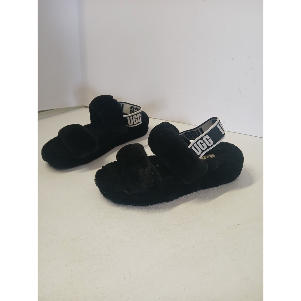 UGG Oh Yeah Black Sheepskin Platform Slides Sandals Women's Size 7‎ 1107953